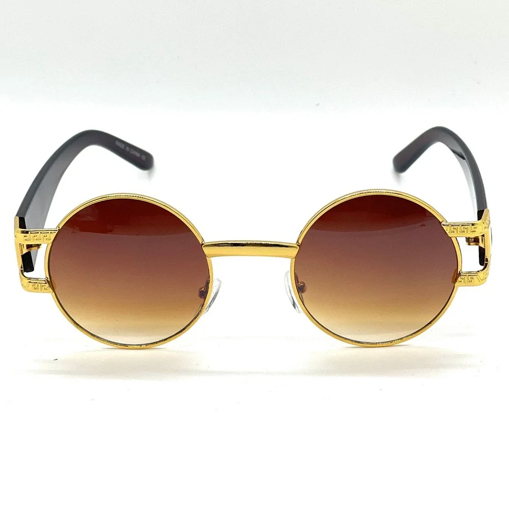 Round Sunglasses Gold Frame Brown Lens Greek Key Accents Men Hip Hop Street Wear